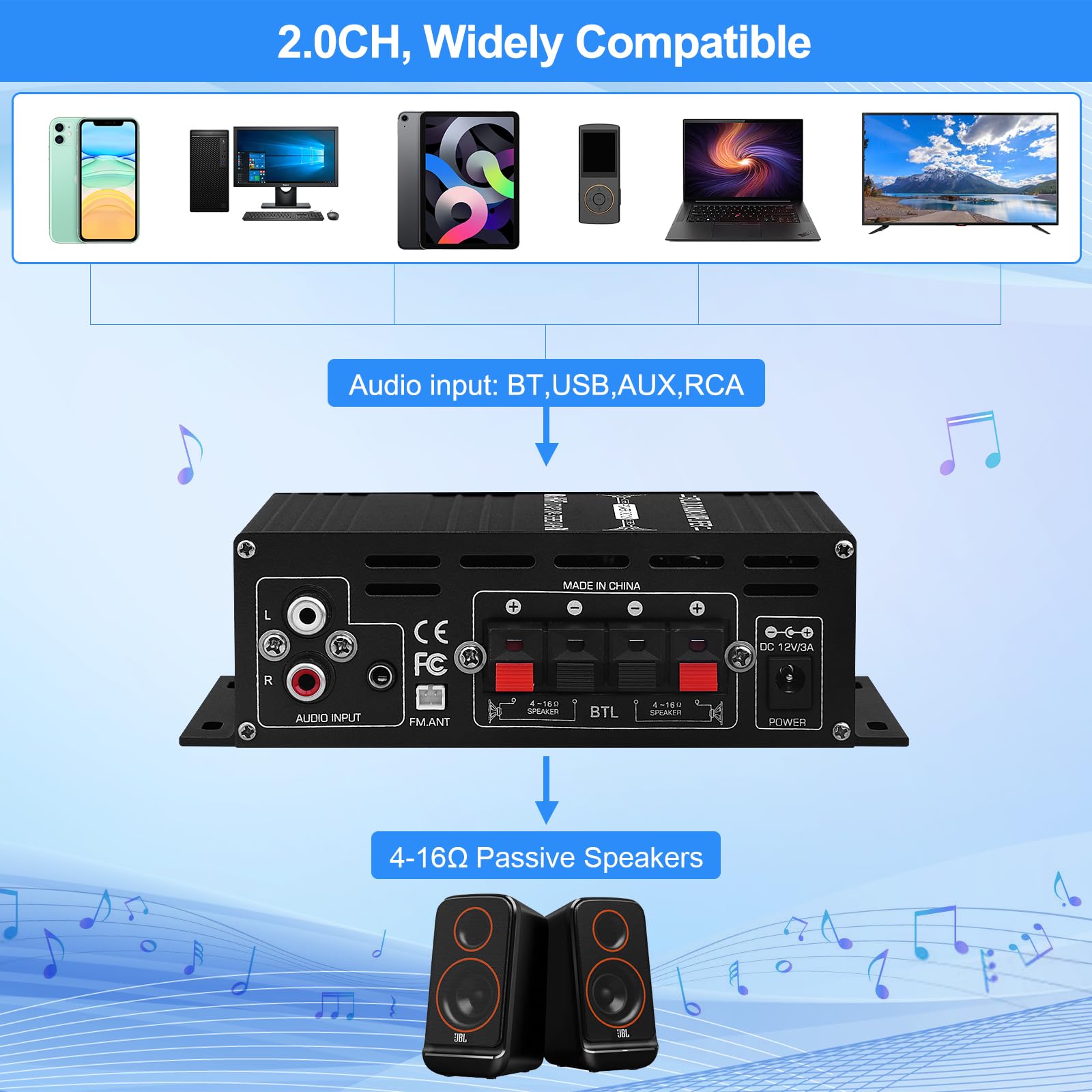 Stereo Amplifier Receiver For Home Speakers, Ak 390 Bluetooth5.0 Hifi Mini Audio Amp 2.0 Channel Rms 40W X 2 Audio Component Amp